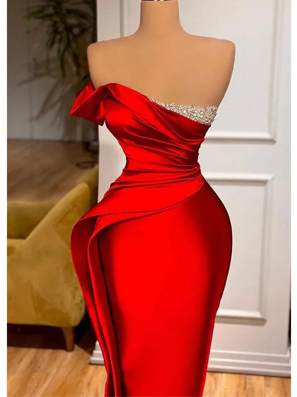 Red Off the Shoulder Mermaid Prom Dress Evening Dress with Pleats, OL759