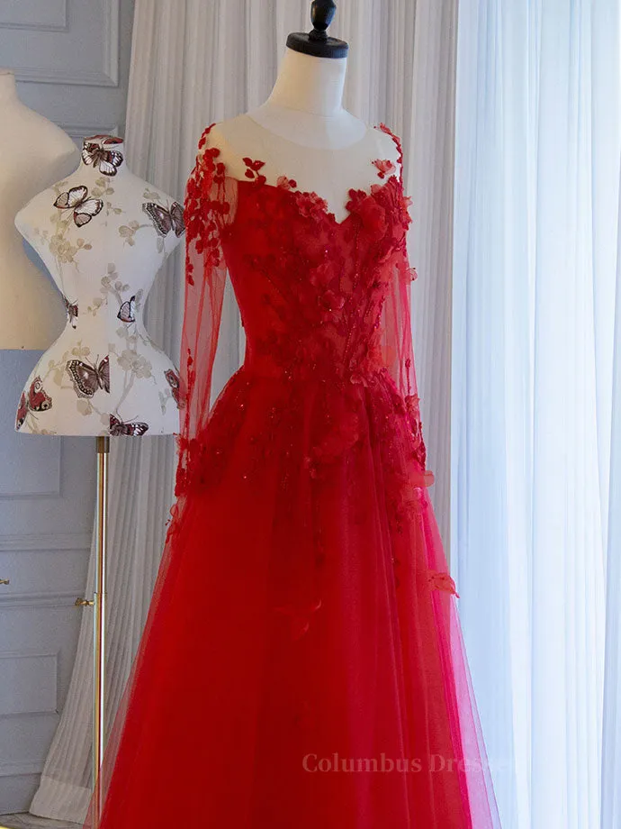 Red round neck tulle lace long prom dress, red evening dress