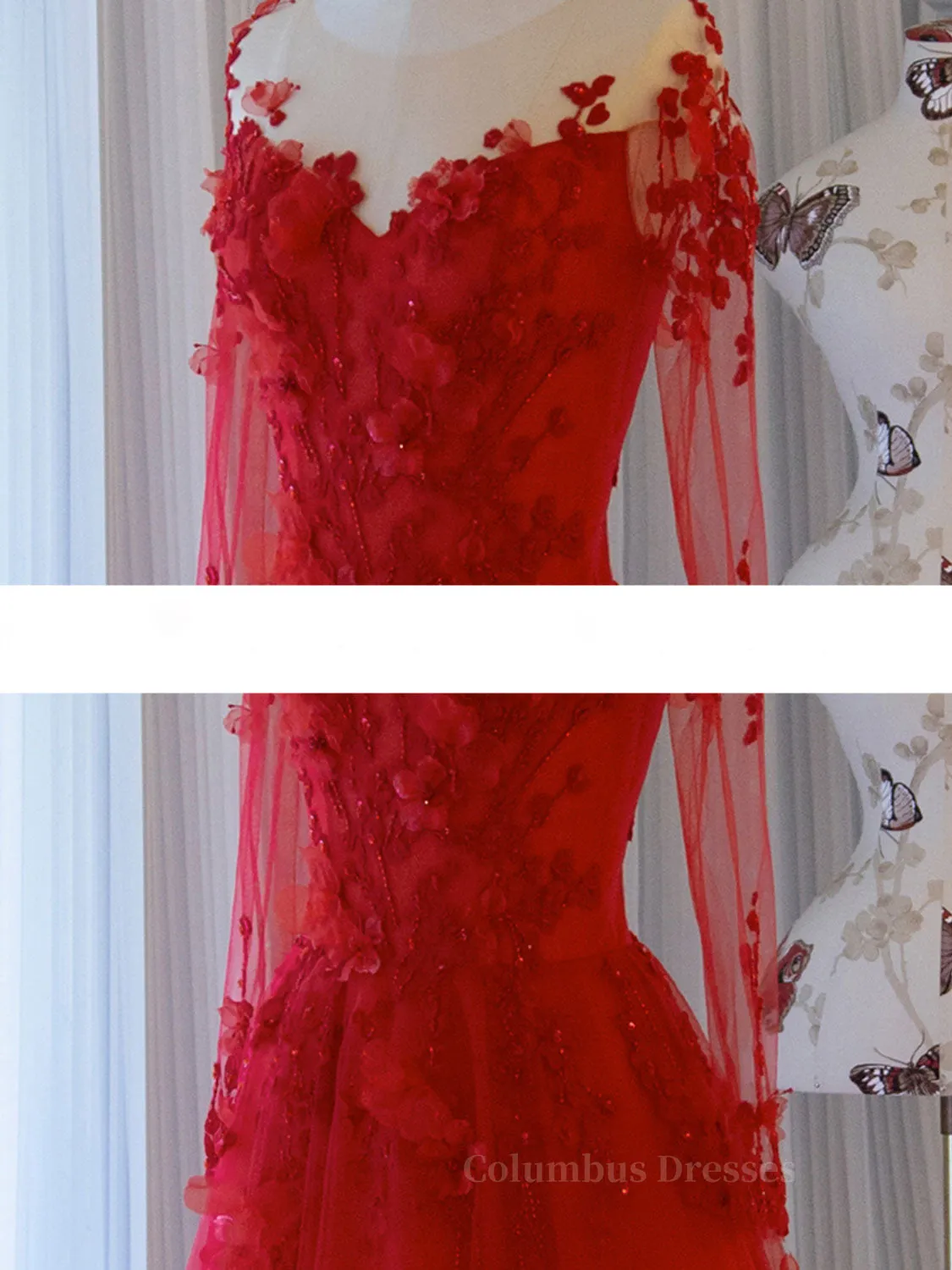 Red round neck tulle lace long prom dress, red evening dress