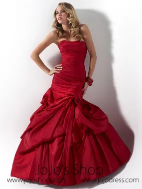 Red Ruched Strapless Fit And Flare Formal Evening Dress HB2012