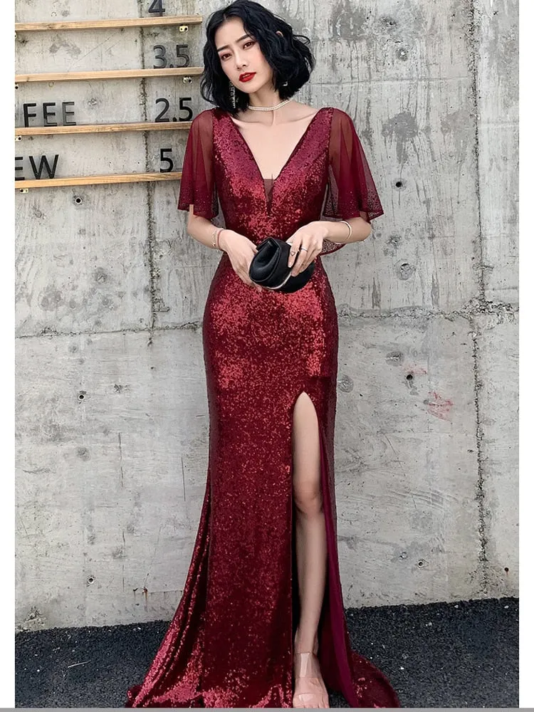 Red Sexy Long Evening Dress Shining Sequins Chiffon Party Gown V-neck Robe De Soriee Side Fork Prom Dress