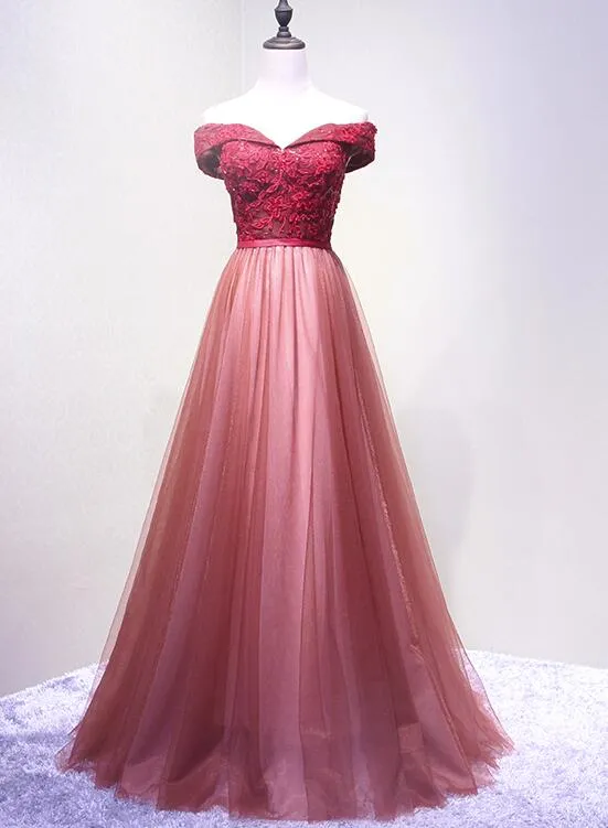 Red Tulle Sweetheart Lace Applique Evening Gown, Lovely Prom Dress