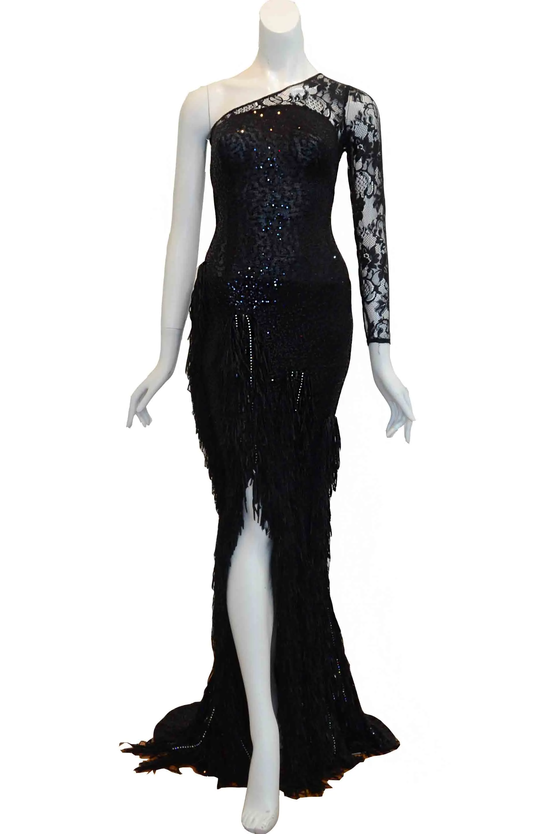 Rent : Eko Tjandra - Black Tassel One Off Shoulder Long Sleeve Evening Dress