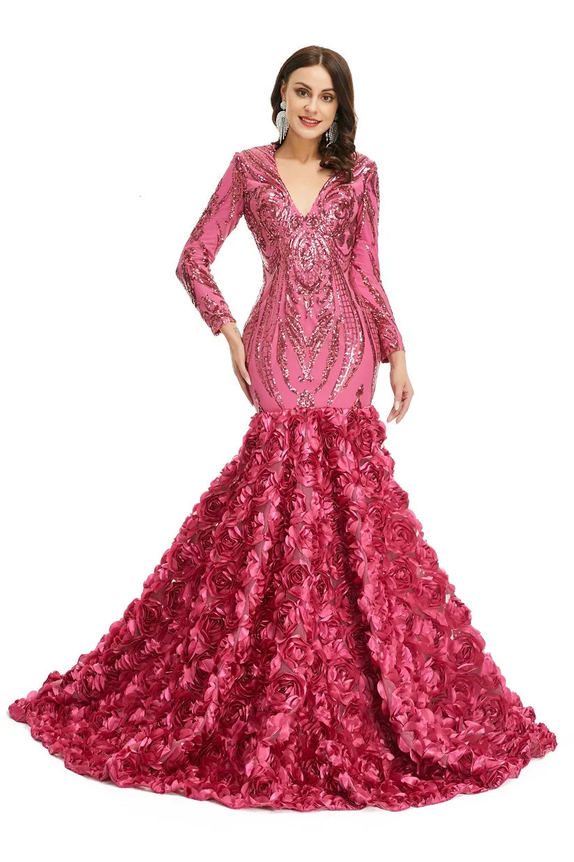 Rose Pink Sparkly Fitted Long Evening Dress with Rosette Skirt EN5006