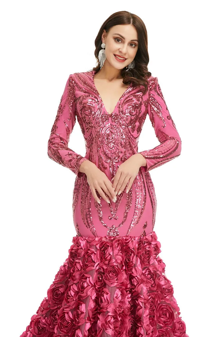 Rose Pink Sparkly Fitted Long Evening Dress with Rosette Skirt EN5006