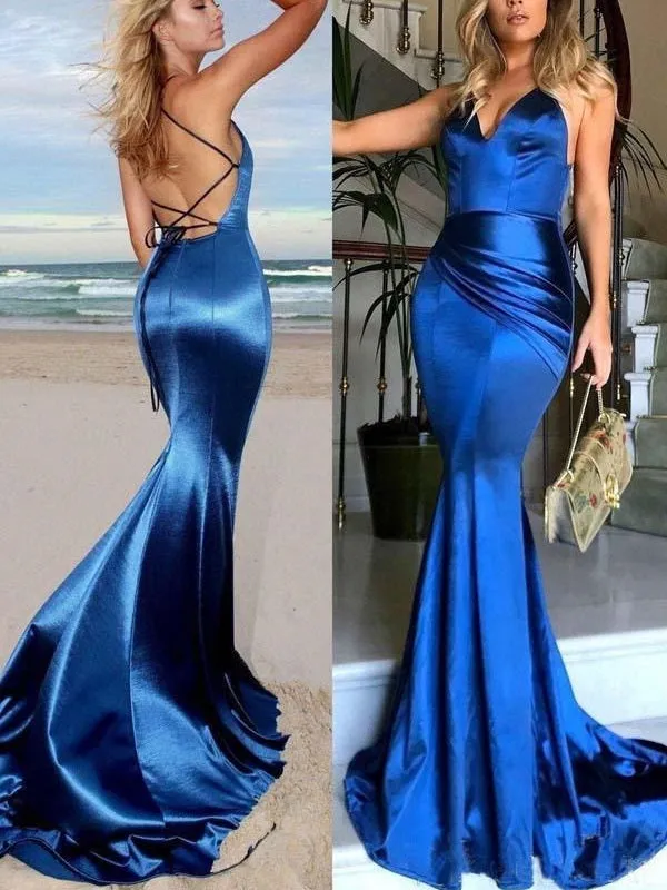 Royal Blue Fit and Flare Elastic Satin Backless Evening Dress Mermaid Prom Dress