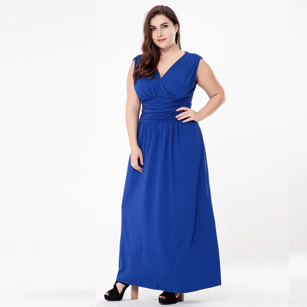 Royal Blue Formal 5XL 6XL Plus Size Women V Neck Sleeveless Long Evening Gowns Party Maxi Dress