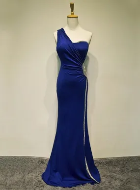 Royal Blue One Shoulder Floor Length Beaded Prom Gown, Prom Dress, Evening Party Dress