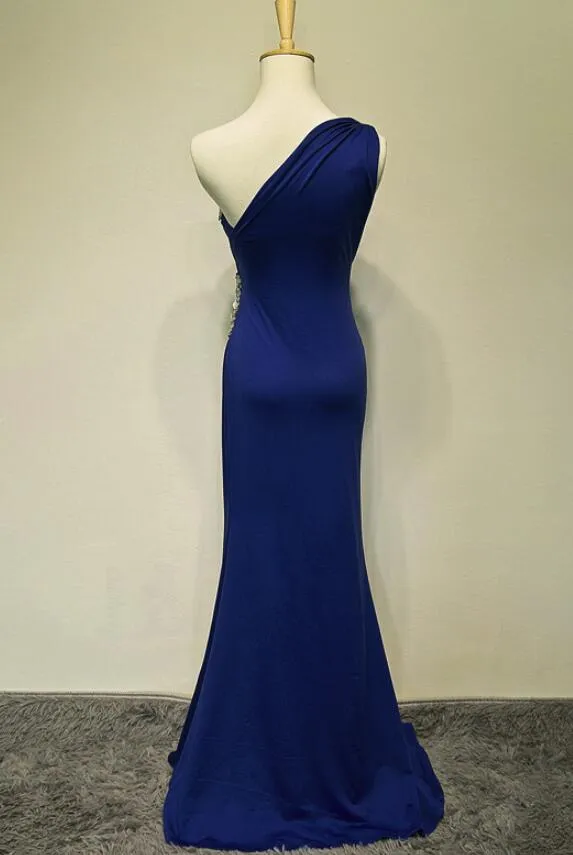 Royal Blue One Shoulder Floor Length Beaded Prom Gown, Prom Dress, Evening Party Dress