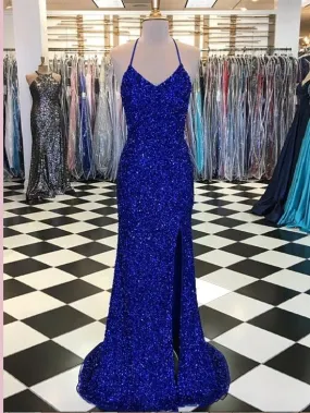 Royal Blue Sequin Long Sexy Sparkly Prom Dress Gown Low Back Evening Dress