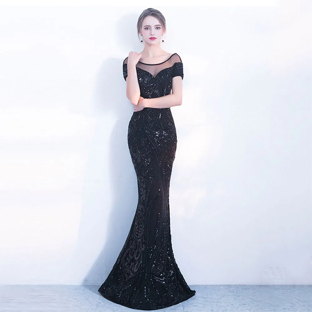 Sequined Evening Dress Banquet Long Elegant Party Dress Cap Sleeve O-neck Robee De Soriee Mermaid Gown Black Formal Dress