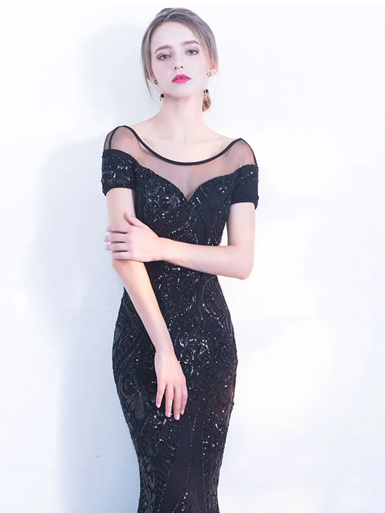 Sequined Evening Dress Banquet Long Elegant Party Dress Cap Sleeve O-neck Robee De Soriee Mermaid Gown Black Formal Dress