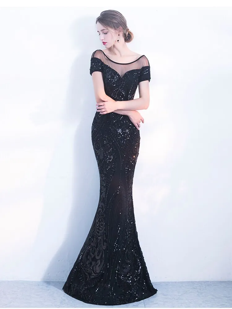 Sequined Evening Dress Banquet Long Elegant Party Dress Cap Sleeve O-neck Robee De Soriee Mermaid Gown Black Formal Dress