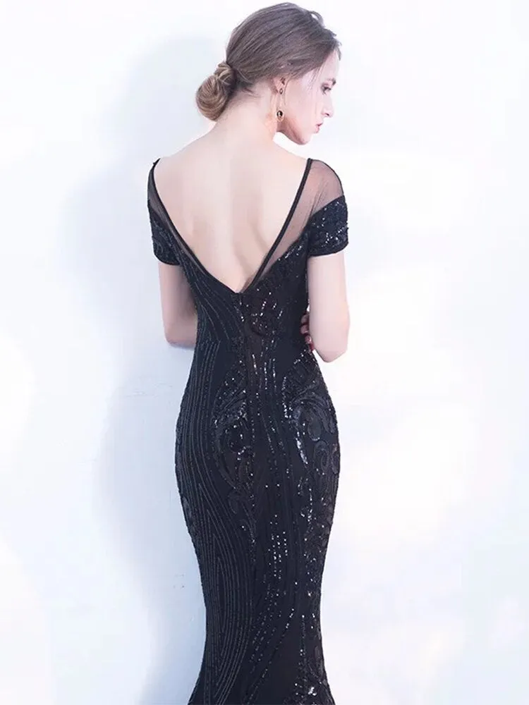 Sequined Evening Dress Banquet Long Elegant Party Dress Cap Sleeve O-neck Robee De Soriee Mermaid Gown Black Formal Dress