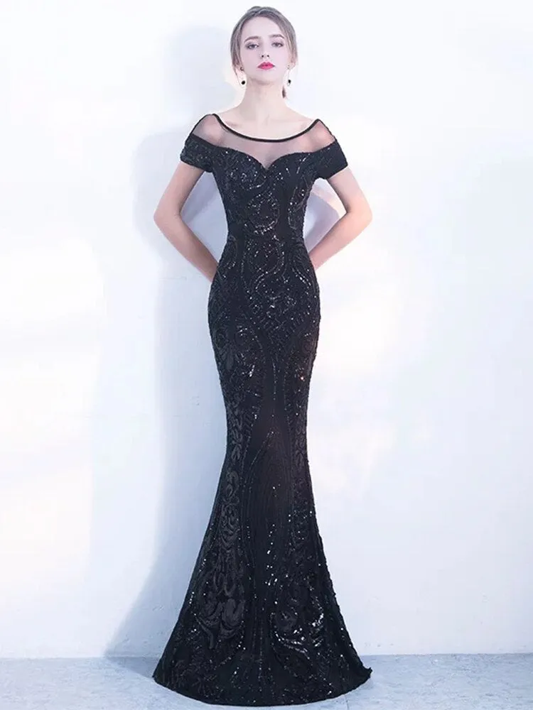 Sequined Evening Dress Banquet Long Elegant Party Dress Cap Sleeve O-neck Robee De Soriee Mermaid Gown Black Formal Dress