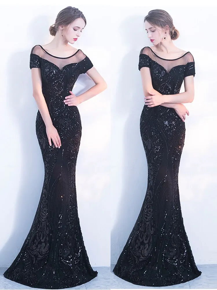 Sequined Evening Dress Banquet Long Elegant Party Dress Cap Sleeve O-neck Robee De Soriee Mermaid Gown Black Formal Dress