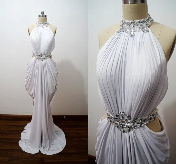 Sexy Halter Spandex with Beaded Long Formal Gown, White Evening Party Dress