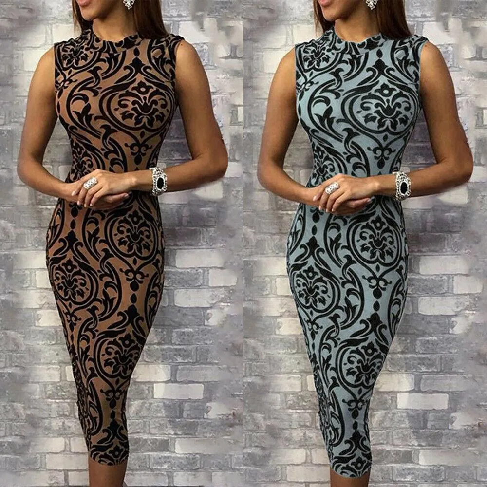 Sexy Women's Printed Casual Sleeveless O-Neck Evening Party Bodycon Dress