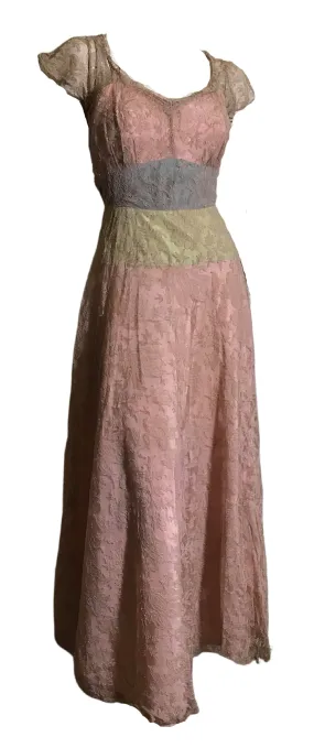 Shades of Sherbet Taffeta Evening Gown with Lace Overlay circa 1940s