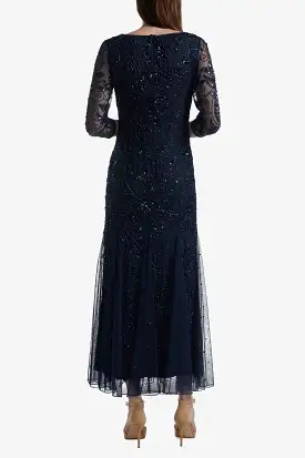 Sheer Sleeve Long Beaded Dress