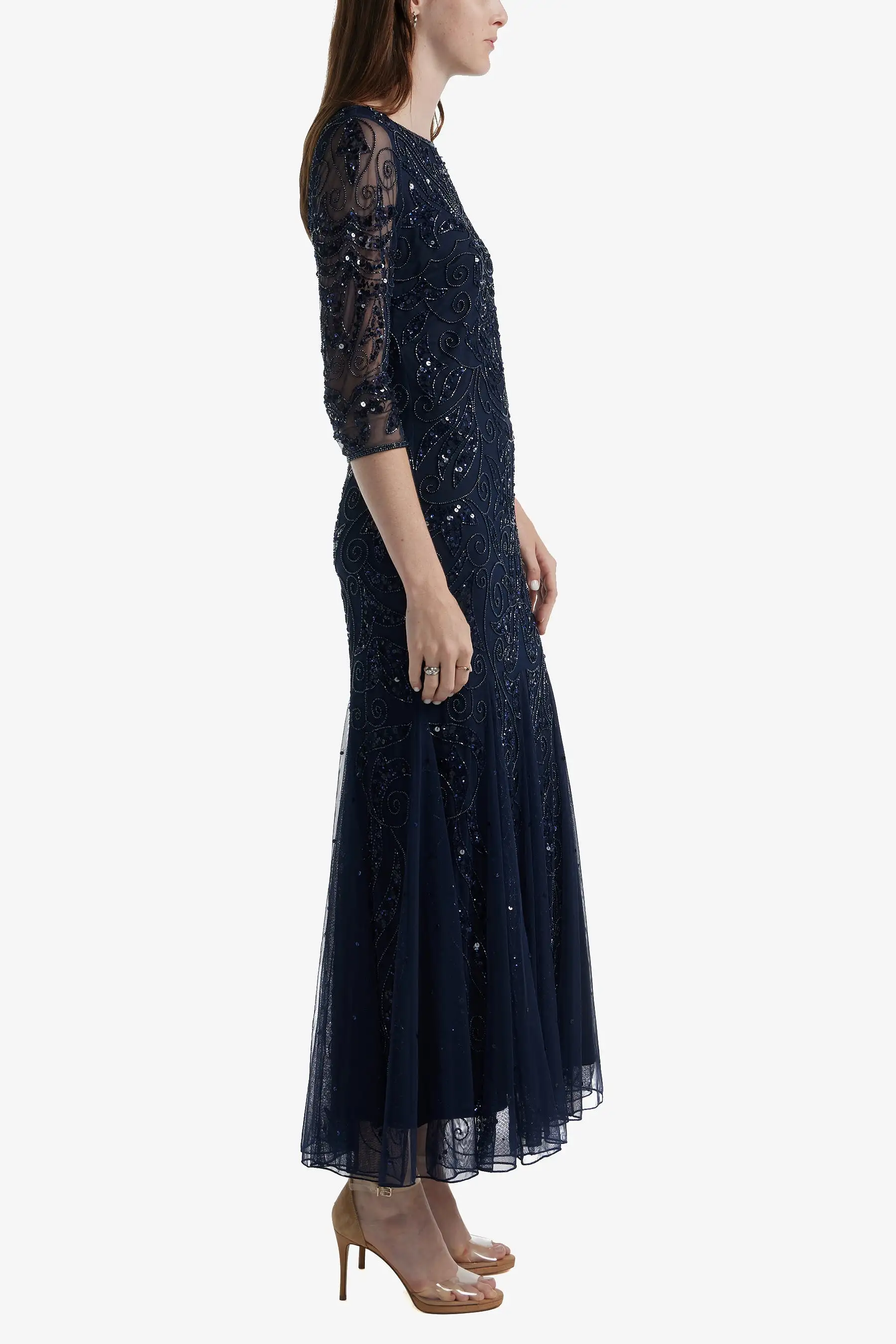 Sheer Sleeve Long Beaded Dress