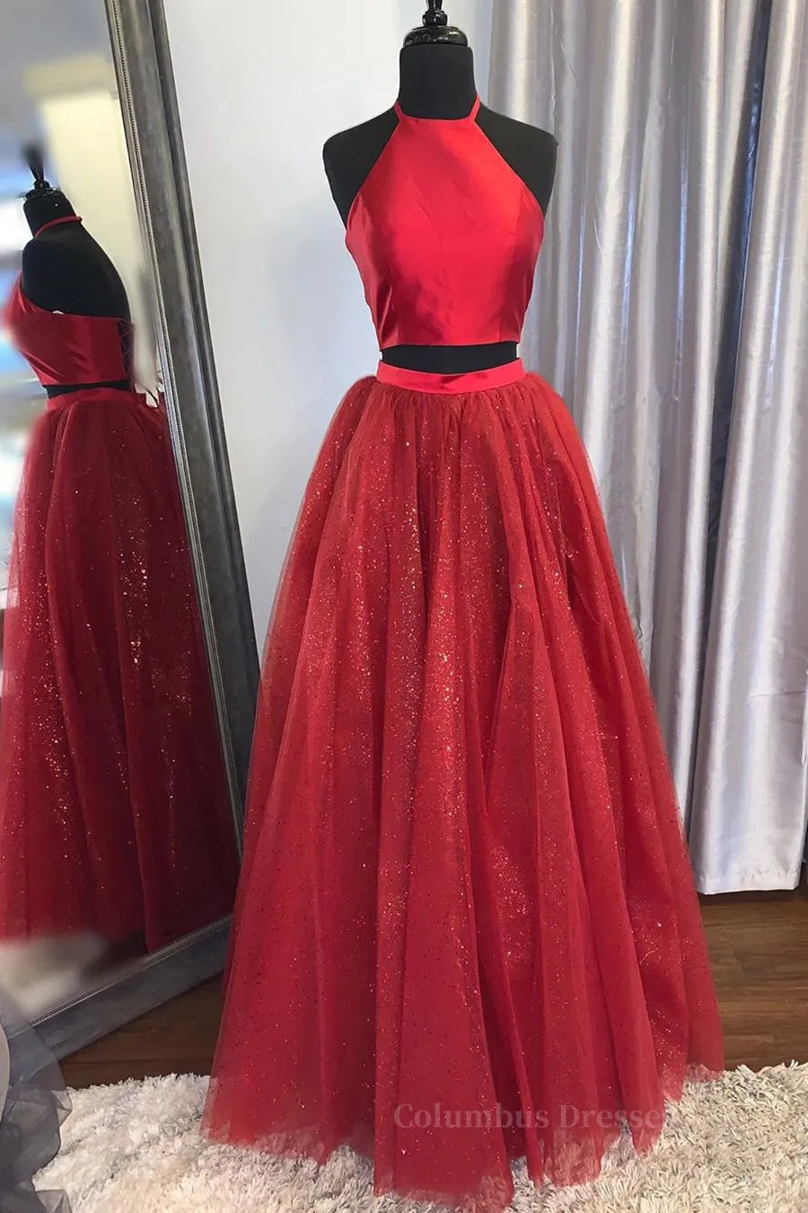 Shiny 2 Pieces Halter Neck Red Long Prom Dress, Two Pieces Red Formal Graduation Evening Dress