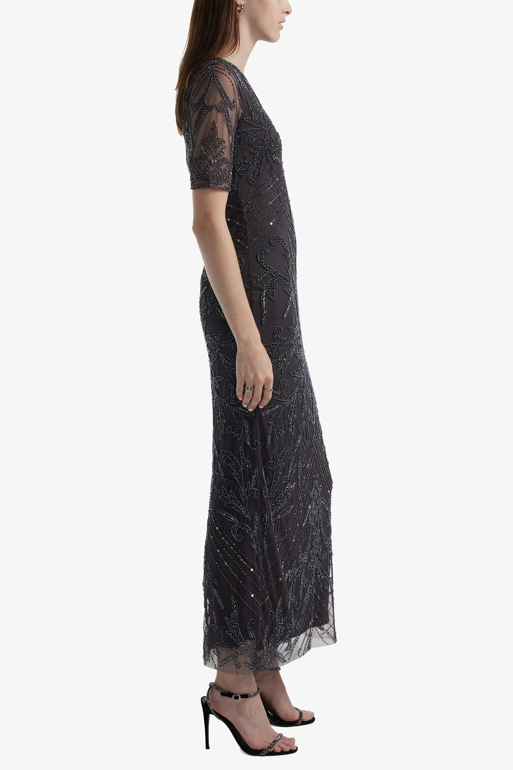 Short Sleeve Beaded Long Dress