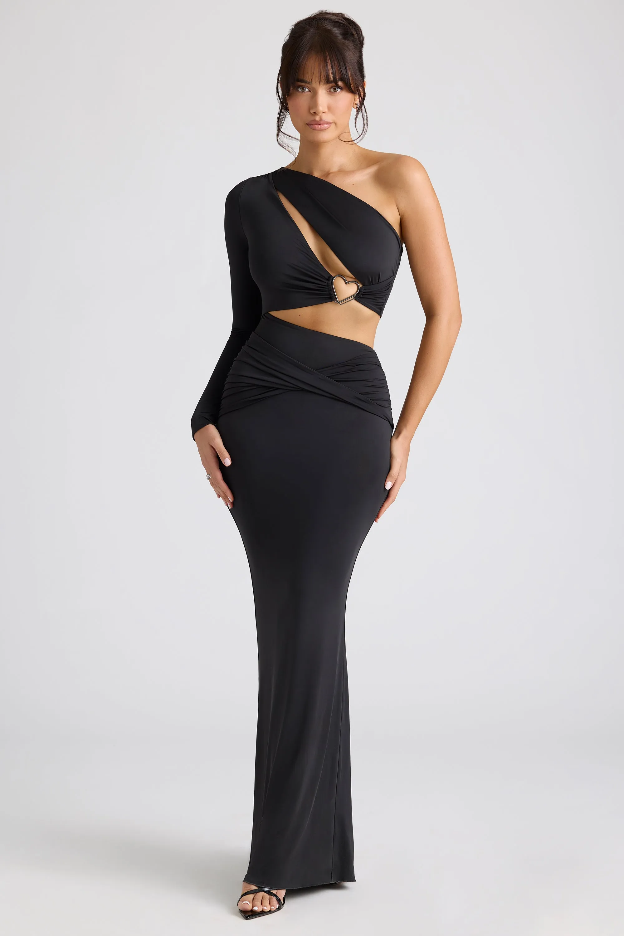 Single Sleeve Cut Out Evening Gown in Black