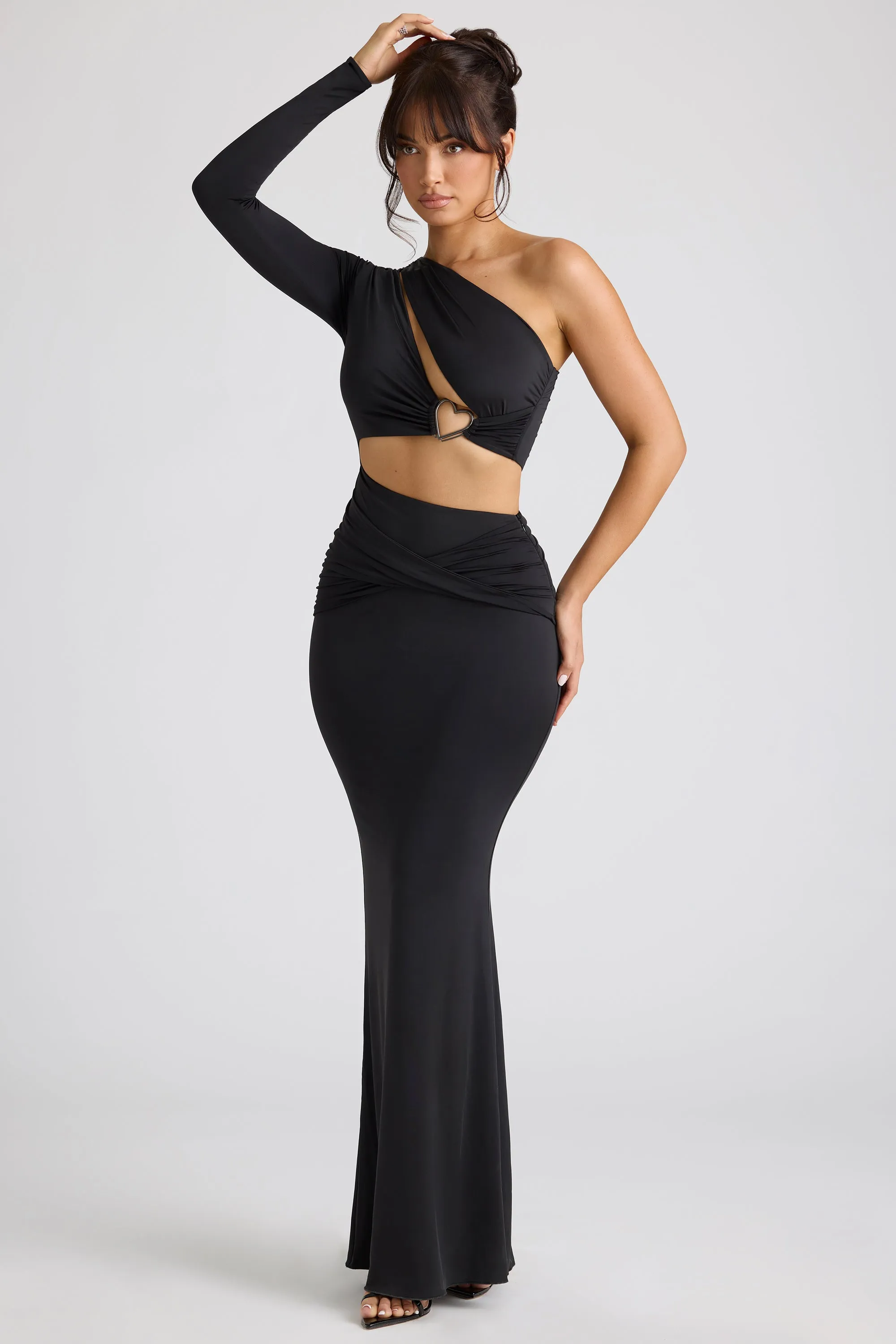 Single Sleeve Cut Out Evening Gown in Black