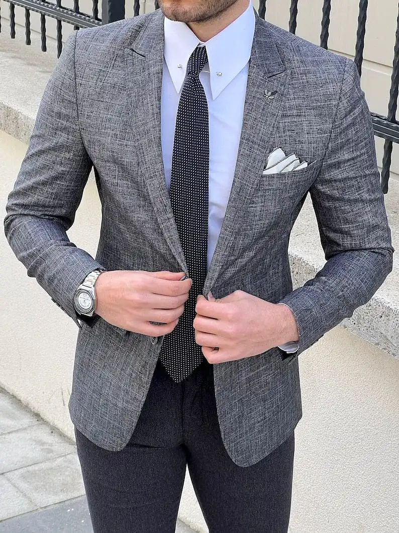 Slim Fit Self Patterned Linen Smoked Blazer