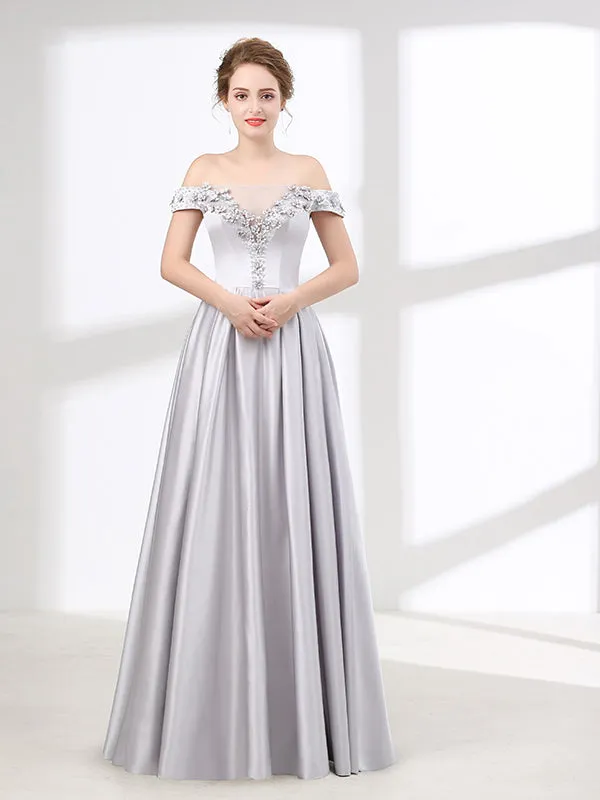 Soft Gray Off Shoulder Long Formal Prom Pageant Evening Dress