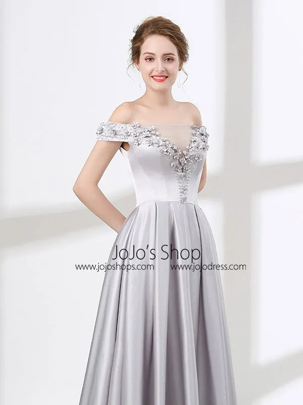 Soft Gray Off Shoulder Long Formal Prom Pageant Evening Dress