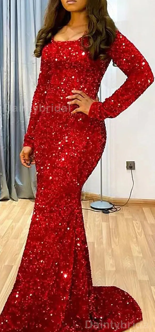 Sparkly Mermaid Sequins Red Long Sleeves Long Evening Prom Dress Online, OL075