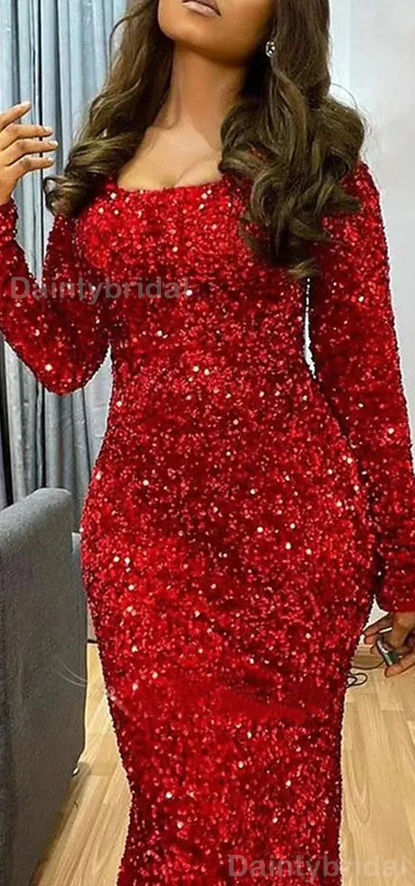 Sparkly Mermaid Sequins Red Long Sleeves Long Evening Prom Dress Online, OL075