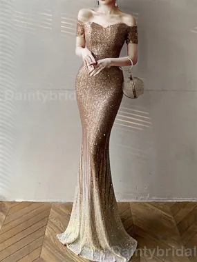 Sparkly Off Shoulder Mermaid Sequins Long Evening Prom Dress Online, OL062