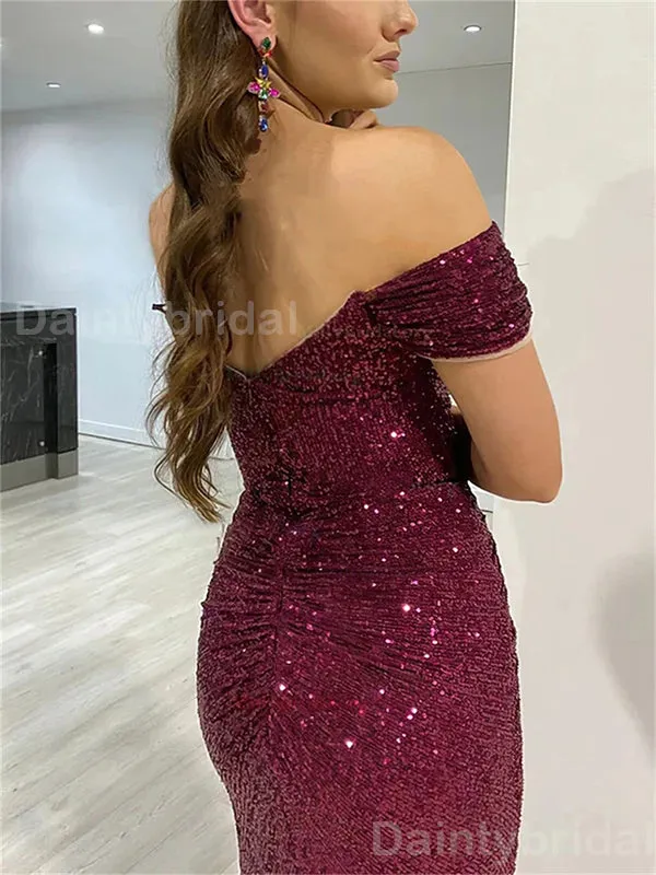 Sparkly Off Shoulder Mermaid Side Slit Sequins Cabernet Evening Prom Dress Online, OL056