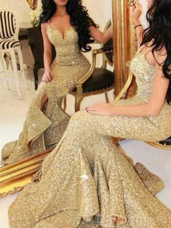 Sparkly Spaghetti Straps V-neck Side Slit Mermaid Gold Long Evening Prom Dress Online, OL079