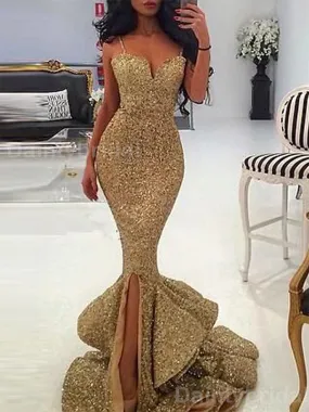 Sparkly Spaghetti Straps V-neck Side Slit Mermaid Gold Long Evening Prom Dress Online, OL079