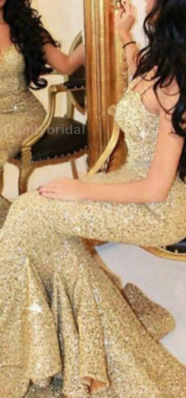 Sparkly Spaghetti Straps V-neck Side Slit Mermaid Gold Long Evening Prom Dress Online, OL079