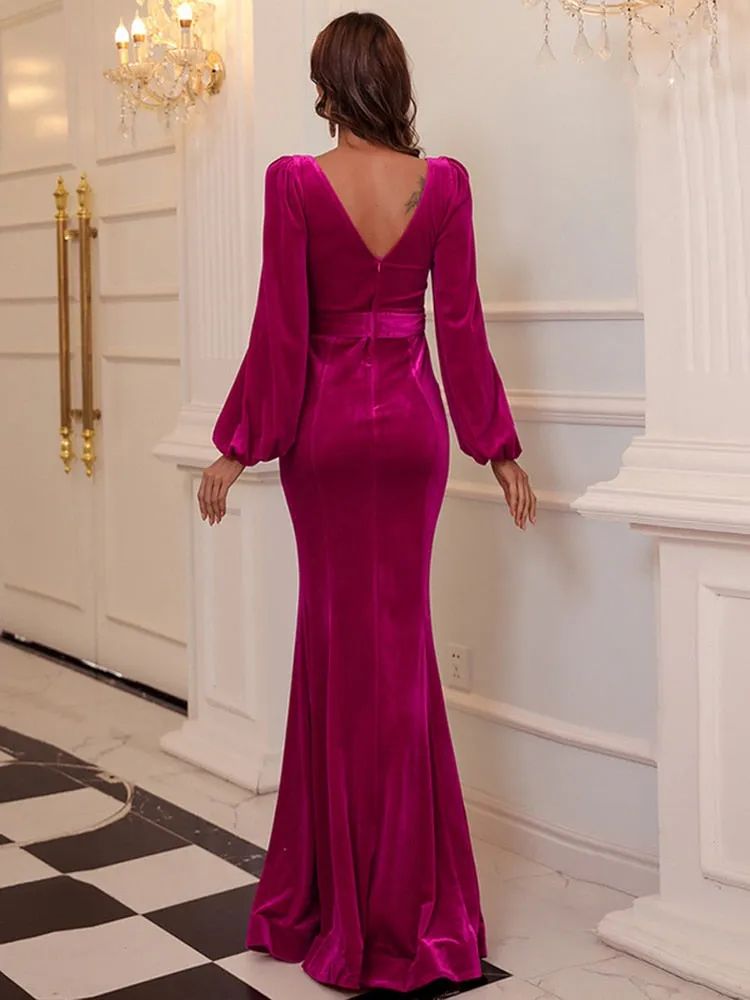 Square neck V Back Evening Dress Full Sleeve Long Party Gown Women Mermaid Robe De Soriee Velour Vestieos