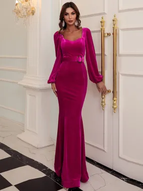 Square neck V Back Evening Dress Full Sleeve Long Party Gown Women Mermaid Robe De Soriee Velour Vestieos