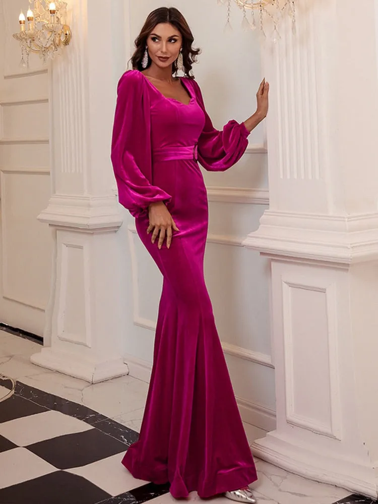 Square neck V Back Evening Dress Full Sleeve Long Party Gown Women Mermaid Robe De Soriee Velour Vestieos