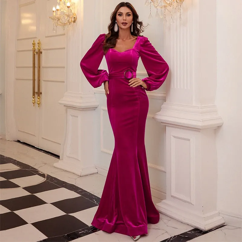 Square neck V Back Evening Dress Full Sleeve Long Party Gown Women Mermaid Robe De Soriee Velour Vestieos