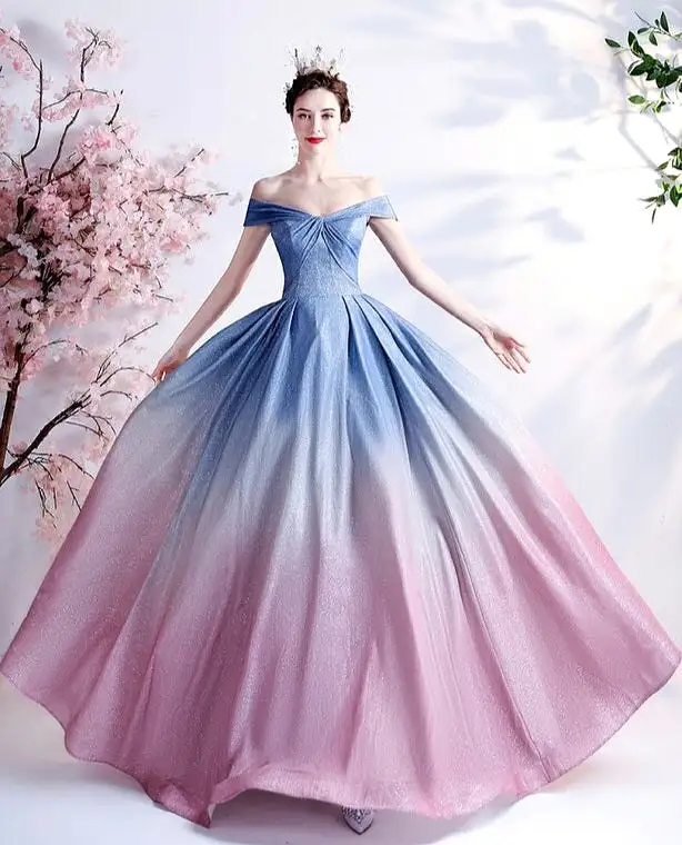 The Kyria Off Shoulder Blue Pink Ombre Gown