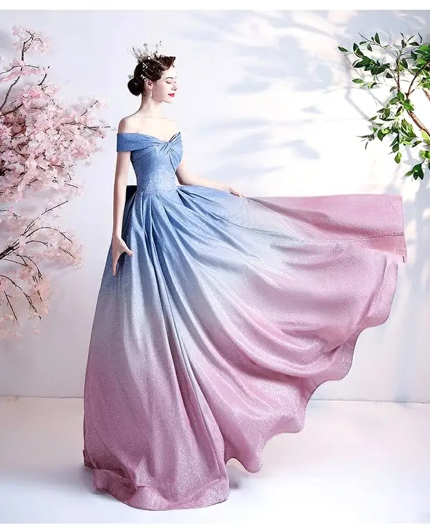 The Kyria Off Shoulder Blue Pink Ombre Gown