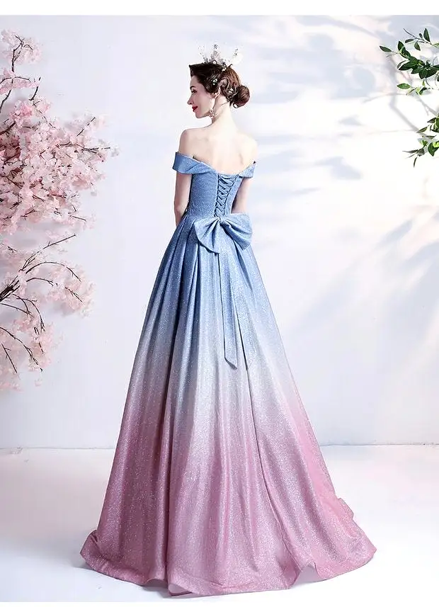 The Kyria Off Shoulder Blue Pink Ombre Gown