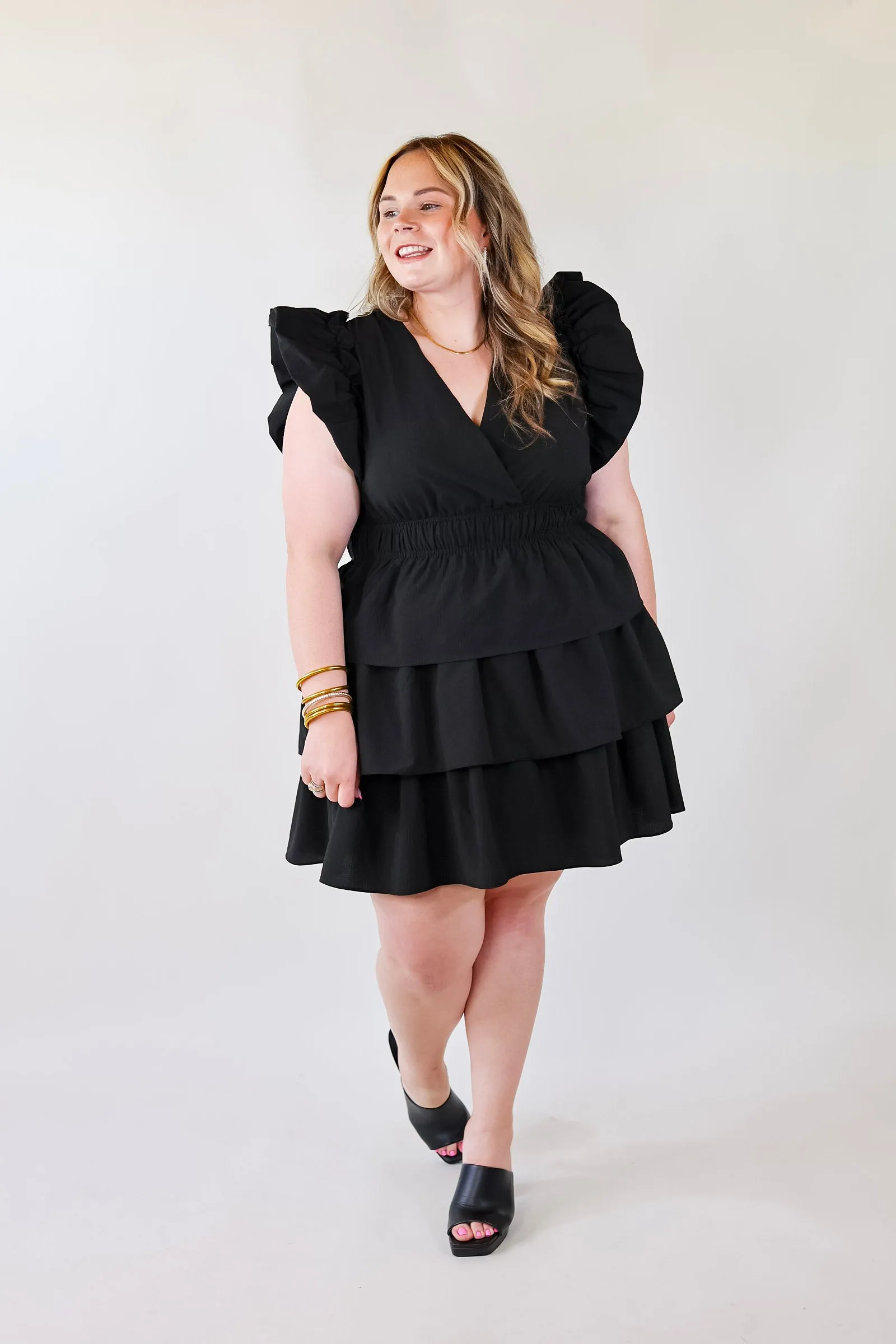 The Perfect Night Ruffle Cap Sleeve Dress in Black