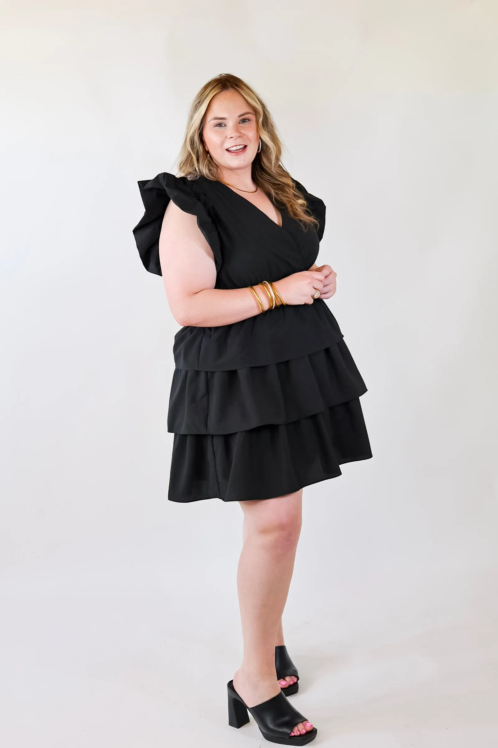 The Perfect Night Ruffle Cap Sleeve Dress in Black