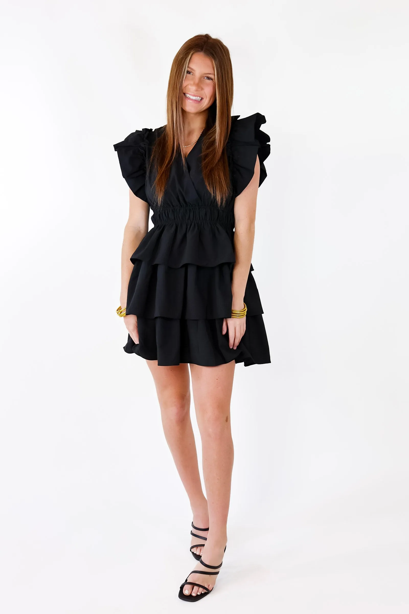 The Perfect Night Ruffle Cap Sleeve Dress in Black