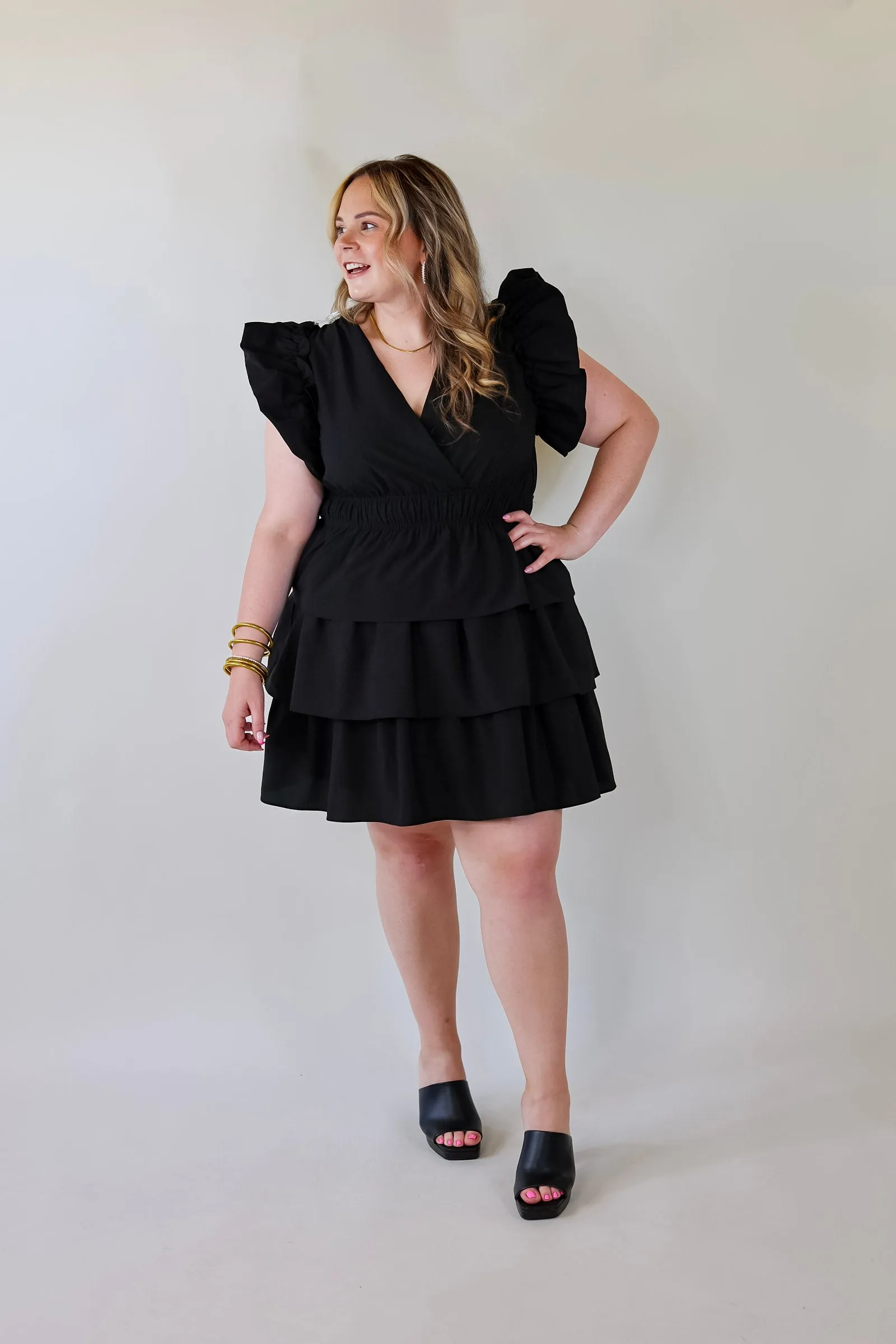 The Perfect Night Ruffle Cap Sleeve Dress in Black